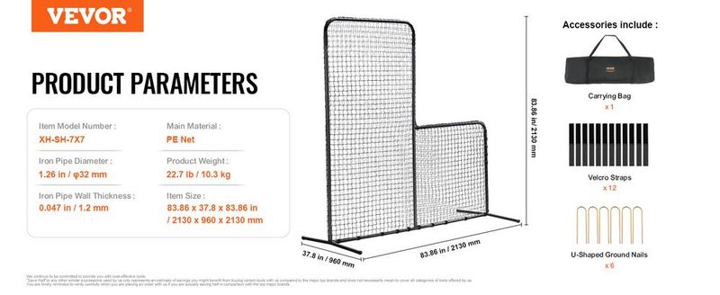 VEVOR L Screen Baseball For Batting Cage, 7x7 Ft Baseball Softball Safety Screen, Body Protector Portable Batting Screen With Carry Bag & Ground Stakes, Heavy Duty Pitching Net For Pitchers Protection_voghion.com