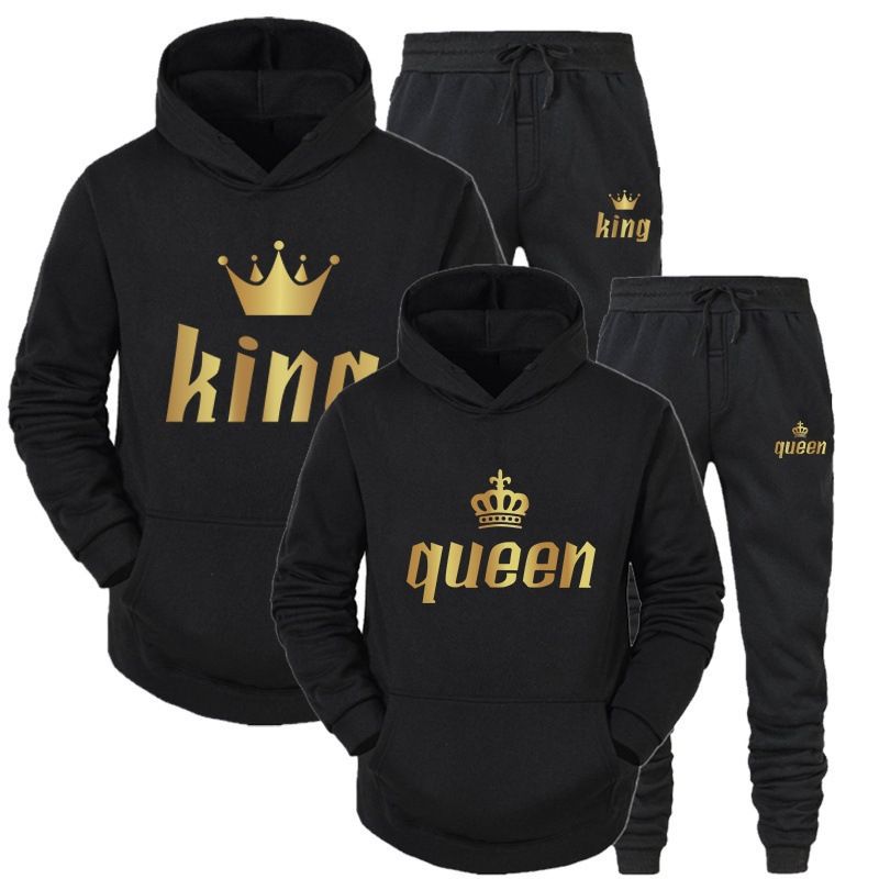 2023 New Men's Sweater KING QUEEN Loose Casual Hooded Print Couple Set_voghion.com