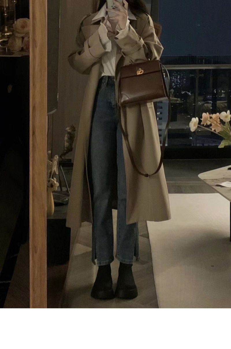 Noir Trench – Cappotto a trapezio ispirato ad Audrey con fodera spessa (capo minimalista di piccola lunghezza)_voghion.com