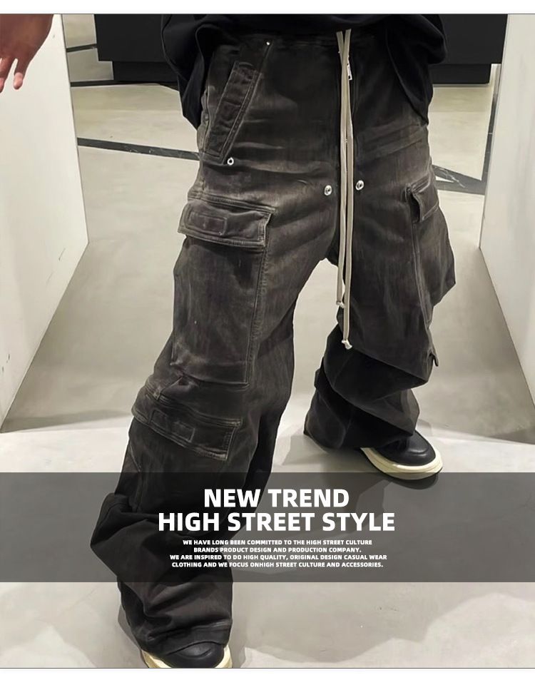 Herren-Damen-RO-Stil, weite Beine, mehrere Taschen, rauchgraue Hose für Männer und Frauen, gleicher Stil, weite Beine, trendige Jeans_voghion.com