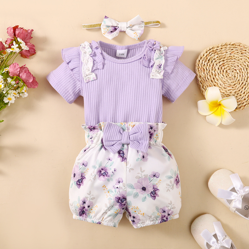 Girls spring and autumn 2024 new Korean style hot solid color short-sleeved top + small floral shorts three-piece set_voghion.com