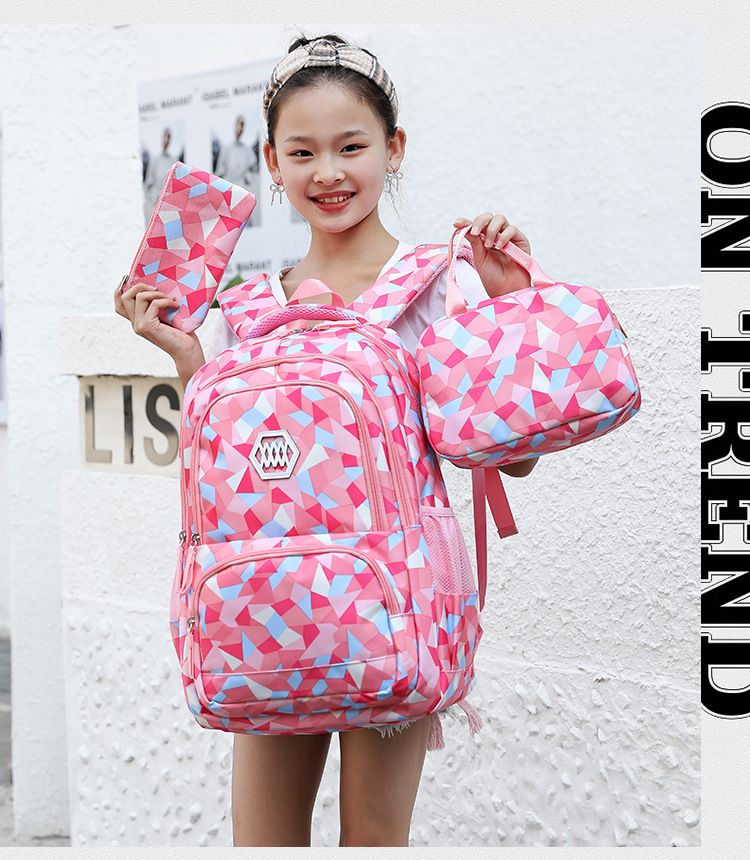 Mochila Escolar Mochila Infantil de Três Peças Escola Primária Menina Nylon Camuflagem Mochila Escolar Média e Secundária Mochila Leve_voghion.com
