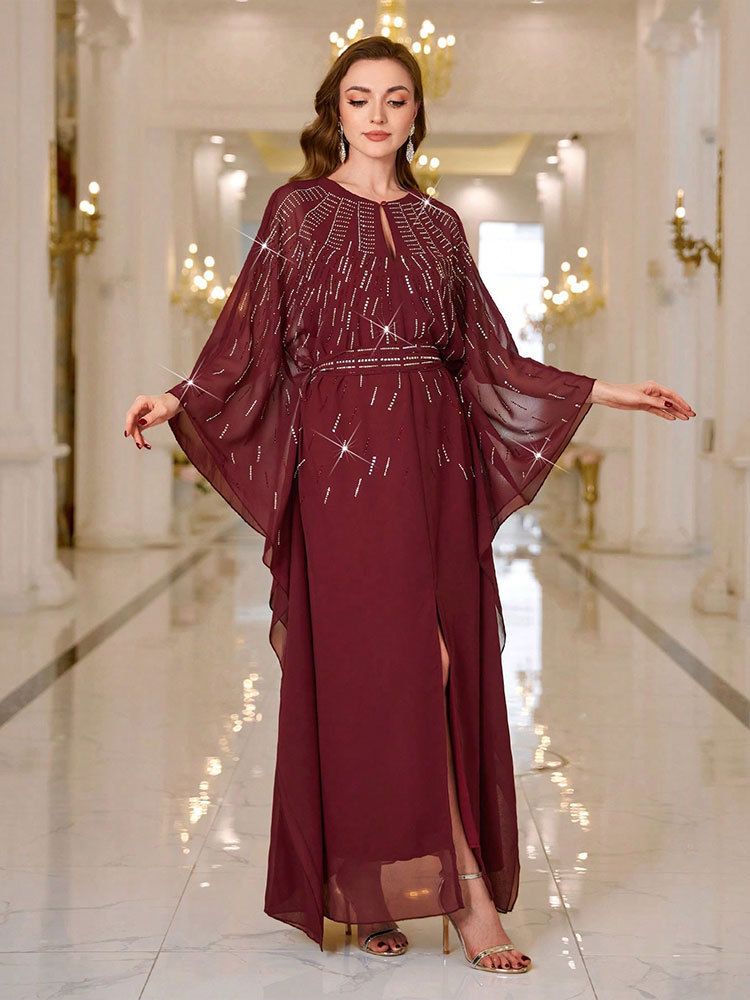 Elegante abito da sera in chiffon con strass da donna – Abito da festa a trapezio con maniche lunghe (bordeaux, S/M/L) Abito vintage con cintura a vita alta_voghion.com