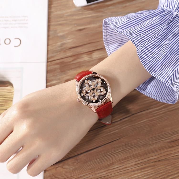 Luxury New Time Running Set Square Diamond Leather Belt Waterproof Women's Quartz Watch_voghion.com