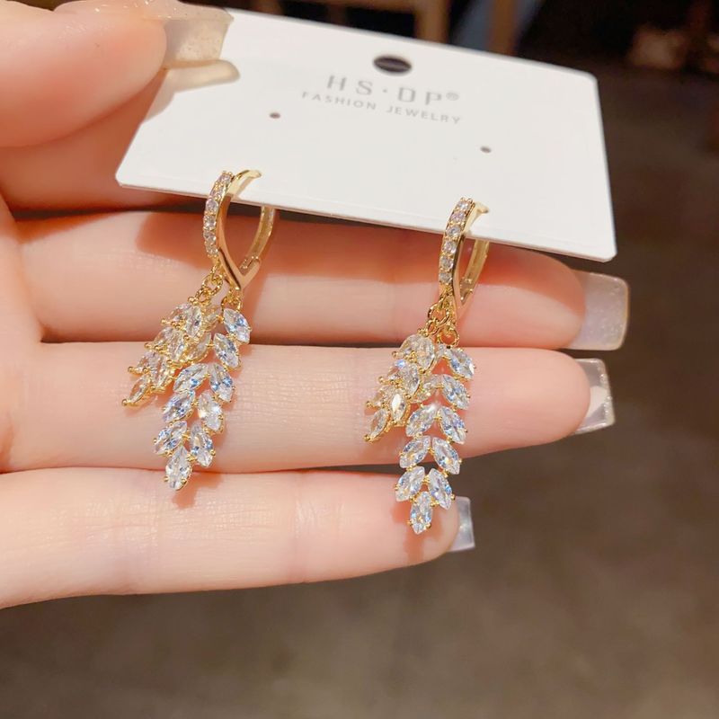 Orecchini leggeri di lusso con foglia di zircone, design di nicchia di alta qualità, orecchini versatili con nappe, orecchini alla moda_voghion.com