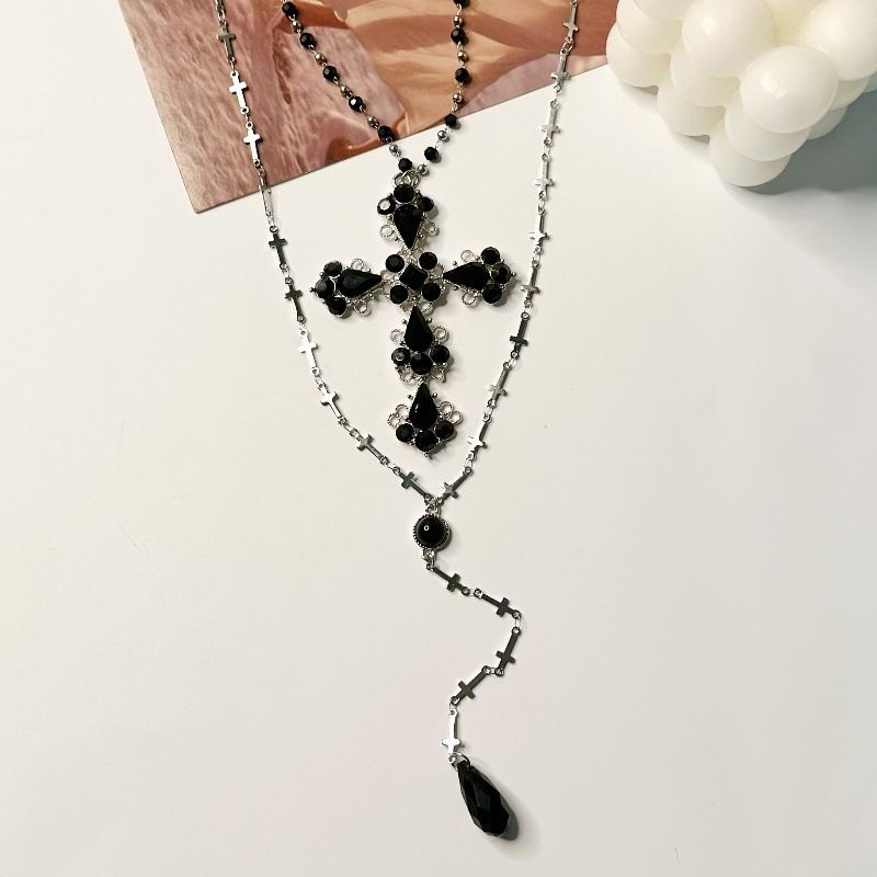 Gothpunk Style Dark Sweet Cool Babes Double Cross Necklace Niche Design Subculture Multi-layer Collarbone Chain_voghion.com