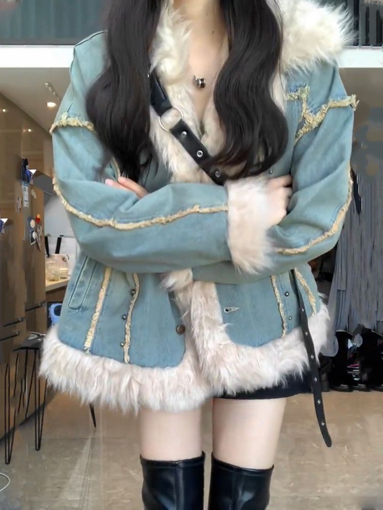 Korean Style Retro Sheepskin Patchwork Denim Jacket For Women, Winter Fleece-Lined Thick Loose Fit Coat With Small Style_voghion.com