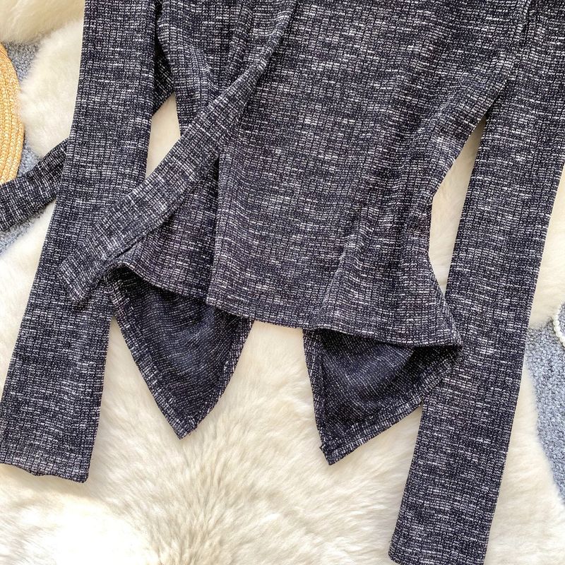 Inspirierendes Stricktop mit Halsbinde und Rüschen-V-Ausschnitt – Elegante Lagenbluse für Damen (Grau, Einheitsgröße)_voghion.com