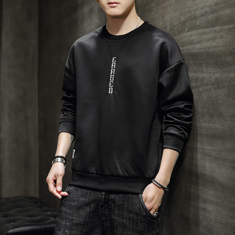 Spring and Autumn Men's Korean Edition Trendy Round Neck Letter Embroidered Drop Shoulder Loose Casual Long sleeved_voghion.com