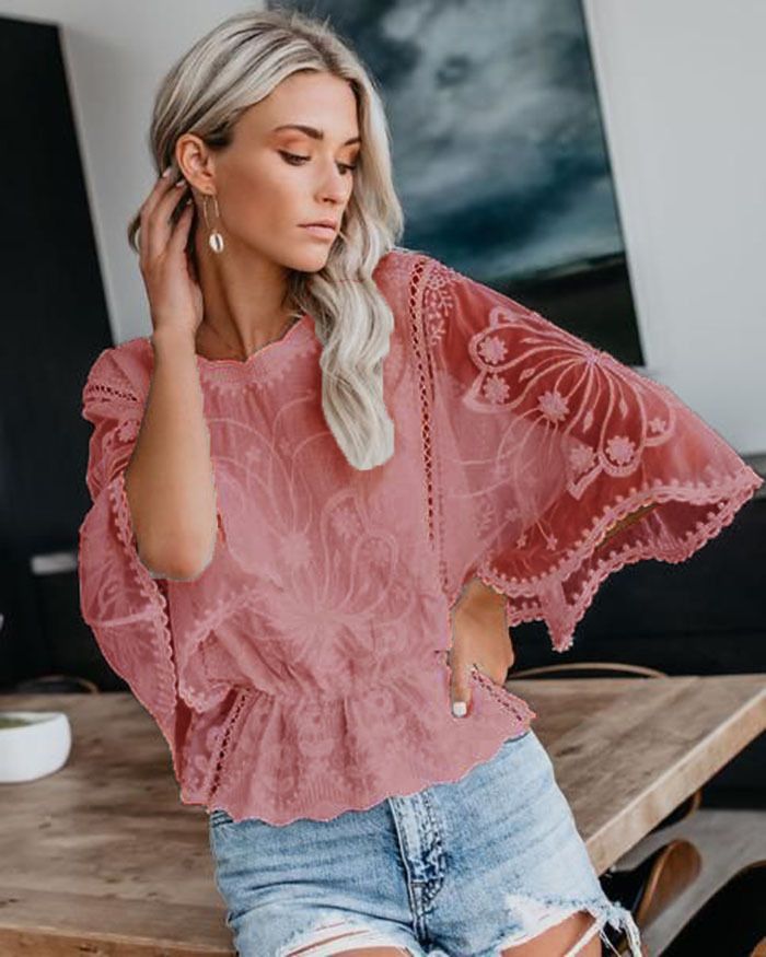 Elegante camicetta in pizzo floreale – Top in morbido chiffon con ricamo 3D, traspirante ed elegante per donna (S-XXL, vari colori)_voghion.com