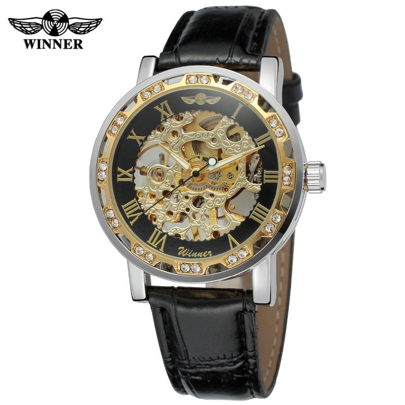 Men's Fashion Skeleton Mechanical Watch With Rhinestones - Hand-Winding Luxury Timepiece, 40mm Leather Strap, Stainless Steel Buckle_voghion.com
