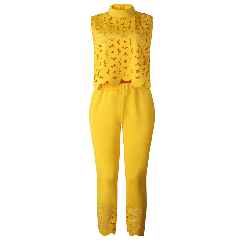 Women's temperament sleeveless hollow top pants yellow suit two-piece set_voghion.com