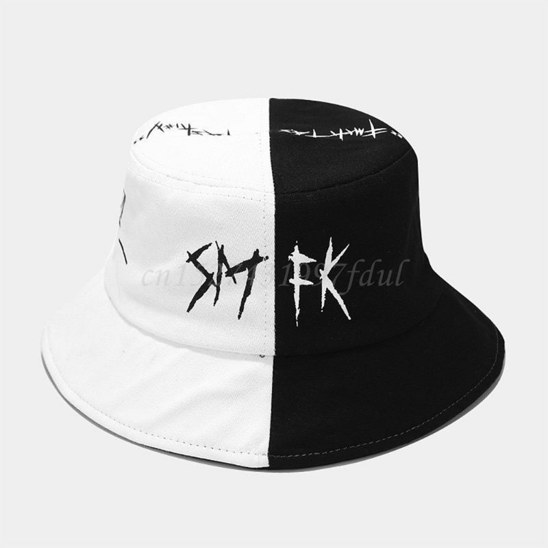 Moda Unisex Siyah Beyaz Renk Blok Kova Şapka Yıldız Göz Grafiti Baskılı Balıkçı Şapkası_voghion.com