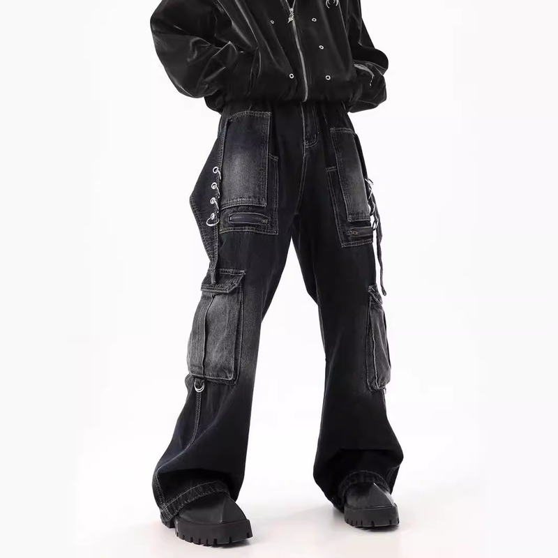 Men's High Street Three-dimensional Multi-pocket Design Straight Deconstructed Jeans For Men Retro Loose Wide-leg Drape Pants_voghion.com