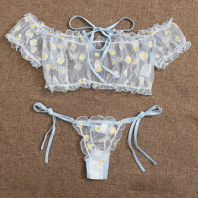 Women Perspective Lingerie Set Embroidery Lace Bowknot Strapless Bra Thong Set Temptation Underwear Sleepwear Nightwear_voghion.com