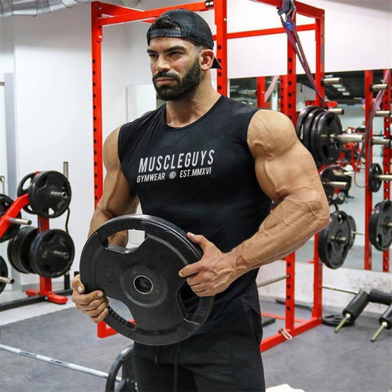 Letter printed bodybuilding and muscle building men's sports tank top tight sleeveless t-shirt Gym tank top_voghion.com