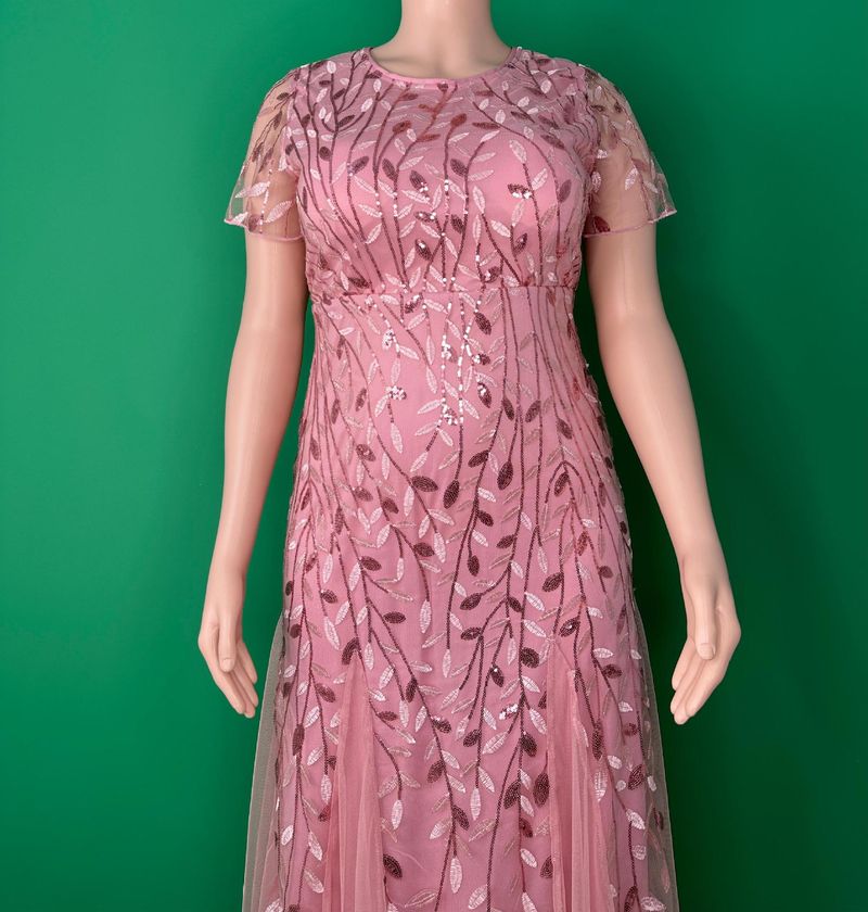 Elegante avondjurk in grote maten voor vrouwen - lange galajurk van mesh met kant en pailletten, bescheiden moslimfeestkleding (roze, 0XL-5XL)_voghion.com