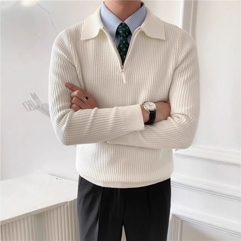Maglione a maniche lunghe con collo a polo e mezza zip, nuovo, lavorato a maglia con parte superiore a nido d'ape, realizzato in filato tinta unita dalla vestibilità attillata._voghion.com