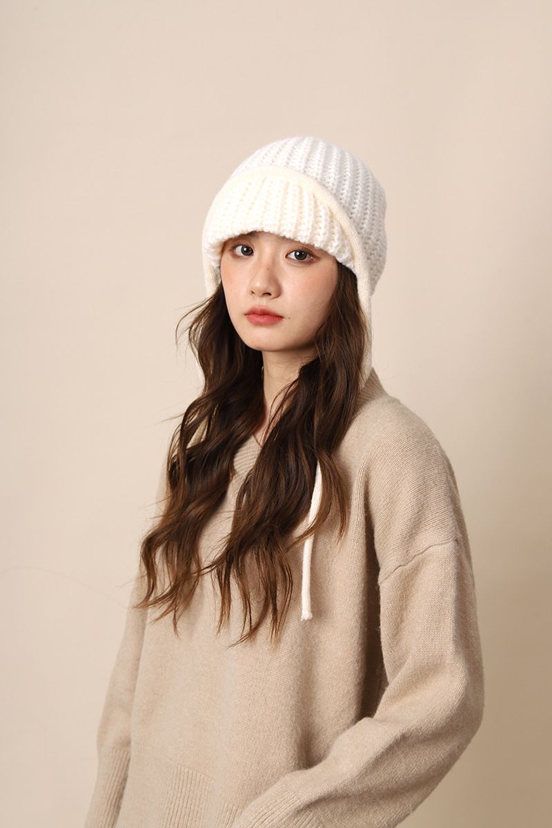 Stile coreano Film~Viso Piccolo Colore Solido Cinturino Maglia Lana Volante Donna Inverno Versatile Protezione Orecchie Studente Lei_voghion.com