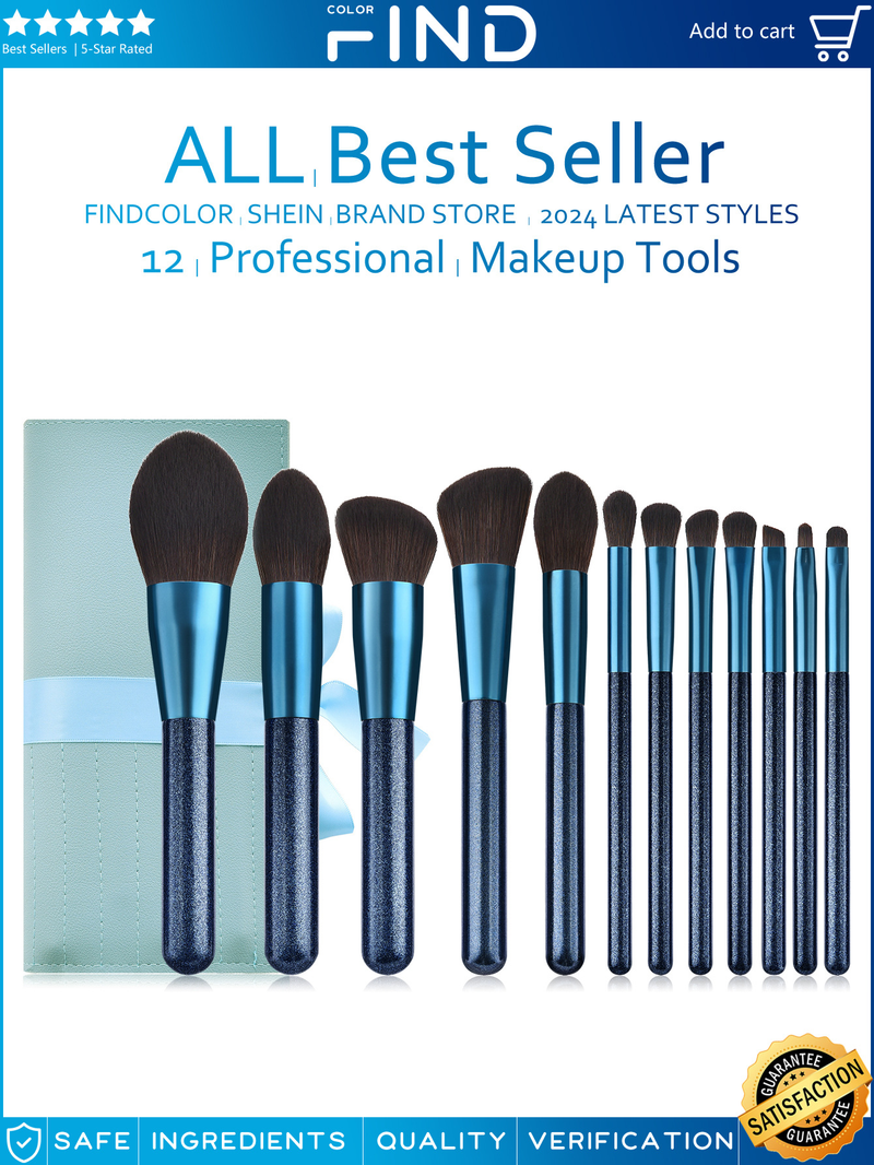 Juego de brochas de maquillaje de alta calidad azul de 12 piezas + bolsa para brochas de maquillaje venta directa de fábrica de gran tamaño FINDCOLOR_voghion.com