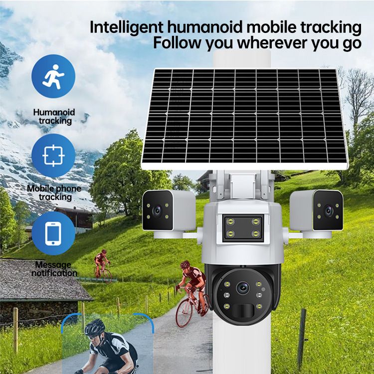 4G-beveiligingscamera op zonne-energie met drievoudige lens, 600 graden slimme nachtzicht, IP66 waterdicht, bewaking op afstand voor huis, boerderij en vijver_voghion.com