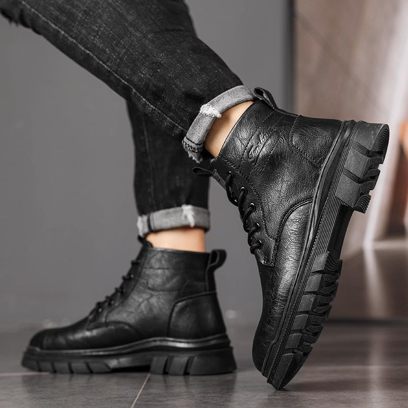 Martin high-top britiske mid-top lædersko korte sorte arbejdsstøvler til mænd_voghion.com