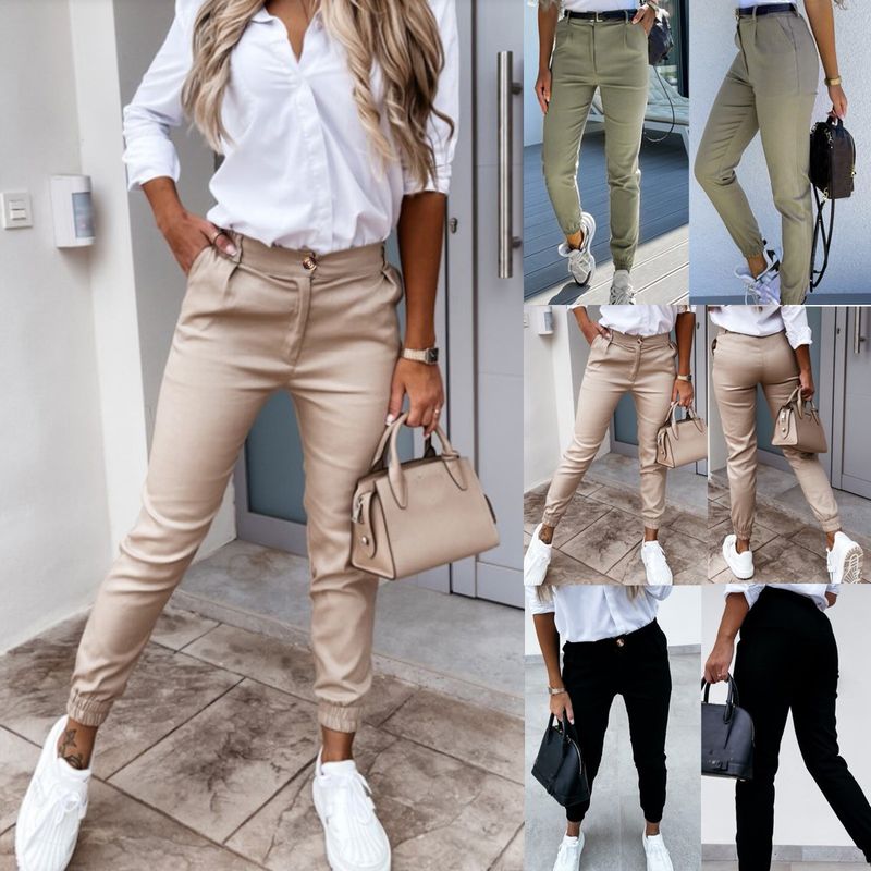 Pantalon crayon avec poches et boutons pour femmes, taille haute, Slim, mode décontractée, longueur cheville, offre spéciale, 2024_voghion.com