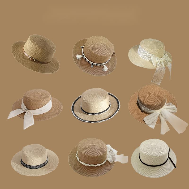 Französischer Strohhut für Damen, Sonnenschutz, Sommergras, gestrickt, flache Kante, für den Urlaub, Strand, Sonnenschutz_voghion.com