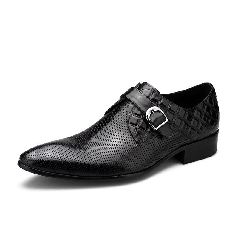 Euro Step New Semi-Hollow Summer Fashion Buckle Breathable Men's Pointed Toe Trendy Leather Shoes_voghion.com