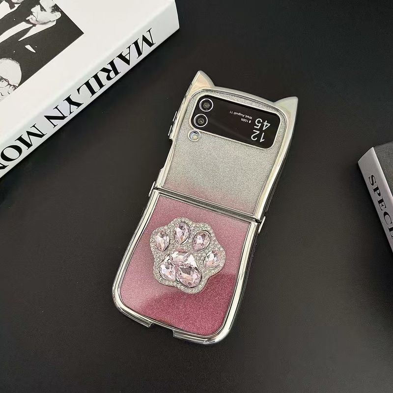 Per Samsung Galaxy Z Flip 3 4 5 6 Custodia per telefono con supporto e orecchie di gatto glitterata_voghion.com