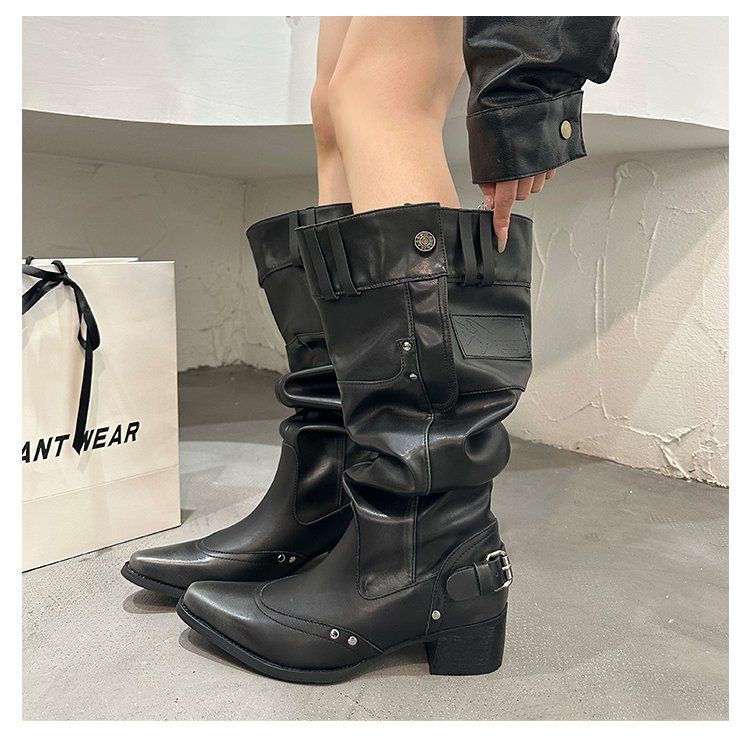 Knight Women, Large Size, Over-The-Knee Long Boots, 2025 New Style, Wide Shaft, Pointed Toe, Chunky Heel, Slimming Pile_voghion.com