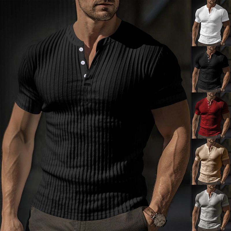 Abbigliamento da uomo T-shirt slim a maniche corte con scollo a V e bottoni casual in tinta unita_voghion.com
