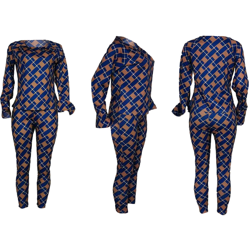 Explosieve losse blouse met lange mouwen en geruite broek, tweedelige set_voghion.com