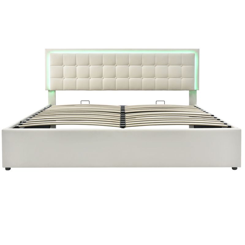 Lit double 140 x 200 cm avec sommier à lattes et rangements, avec bande lumineuse LED, cadre de lit rembourré en similicuir blanc._voghion.com