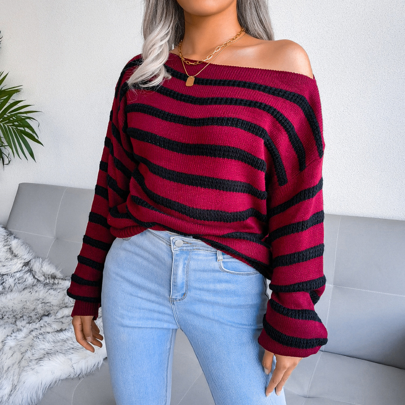 Autumn And Winter Off-Shoulder Casual Loose Striped Knitted Sweater Women's Fashion_voghion.com