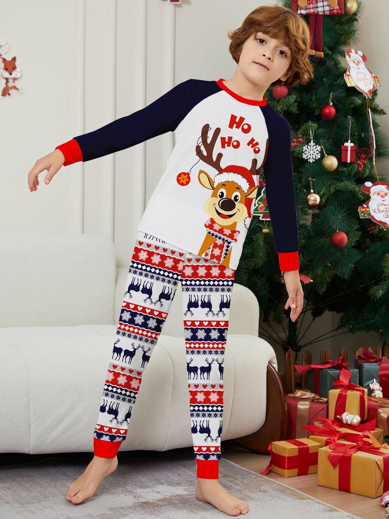 Europäische und amerikanische Eltern-Kind-Heimkleidung. Neues Weihnachtshirsch-Eltern-Kind-Set für vier- oder fünfköpfige Familie. Rundhalsausschnitt, langärmliger bedruckter Pyjama_voghion.com