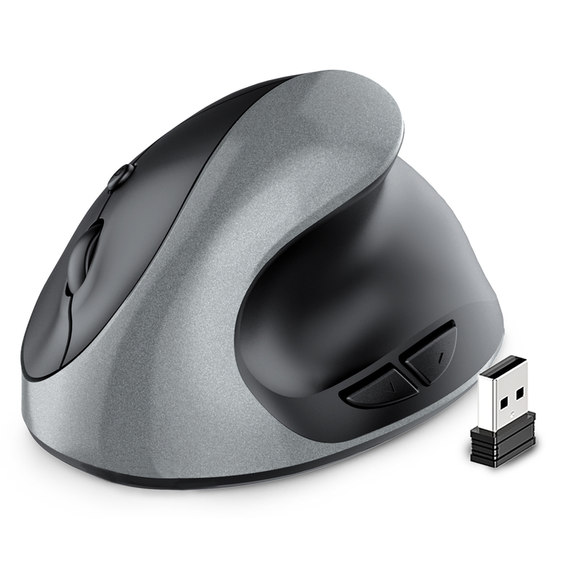 Mouse vertical ergonômico – sem fio 2.4G, 1600 DPI, programável com 6 teclas, recarregável/bateria, clique silencioso (preto/prata/rosa)_voghion.com
