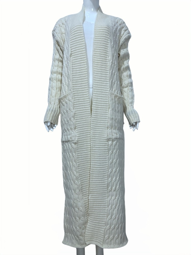 Damen-Strickpulloverjacke mit langen Ärmeln, lockerer langer Strickjacke_voghion.com