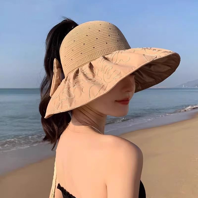Cappello da sole da donna con protezione UV, per le vacanze al mare, con possibilità di annodare la coda di cavallo, cappello a cilindro vuoto, versatile cappello da sole con tesa larga_voghion.com
