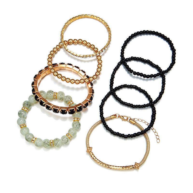 Bohemian Turquoise Round Bead Bracelet Set Retro Elastic Rhinestone Rice Bead Bracelet Hand Ornaments Hand String_voghion.com