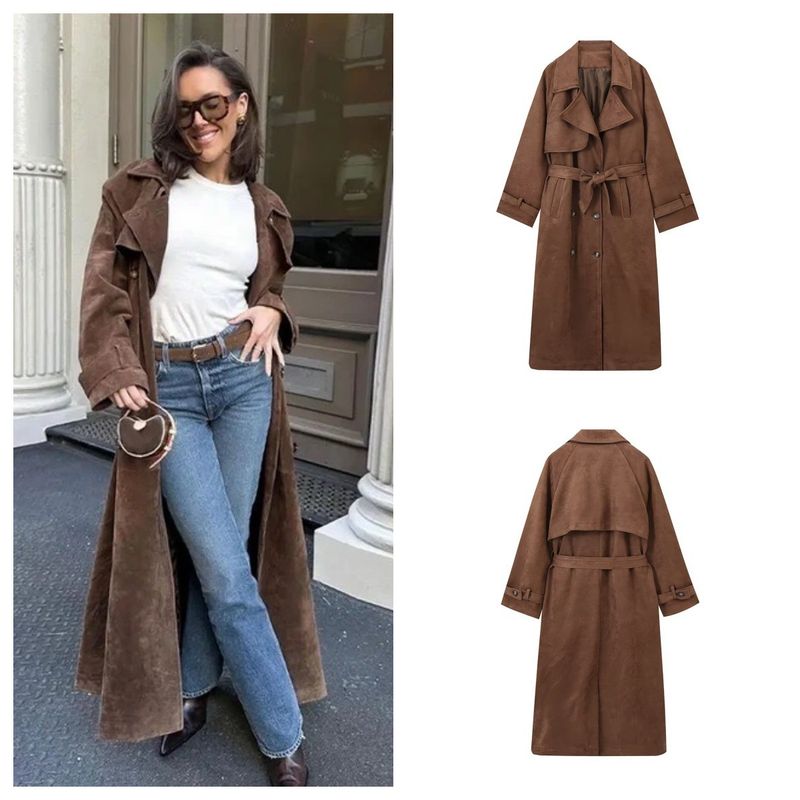2025 Autumn New Style Double-Breasted Turn-Down Collar Belted Long Jacket Trench Coat_voghion.com