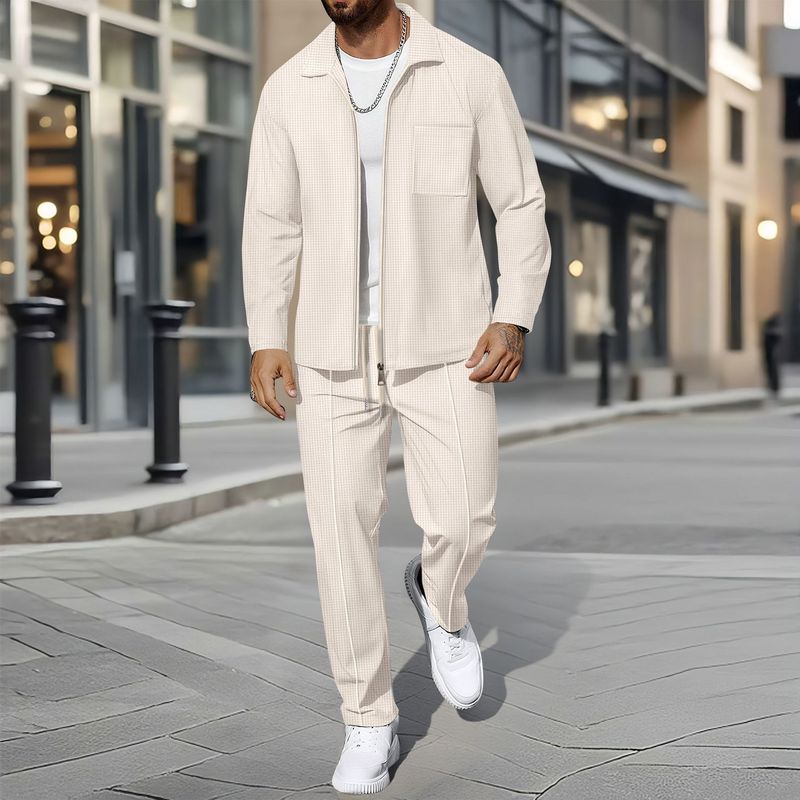 Herren-Waffelstrickjacke mit Reißverschluss, Stehkragen und Taschen – Slim Fit-Freizeitmantel-Set für den Herbst (Schwarz, Grau, Weiß, Khaki, Dunkelgrün, Burgunderrot)_voghion.com