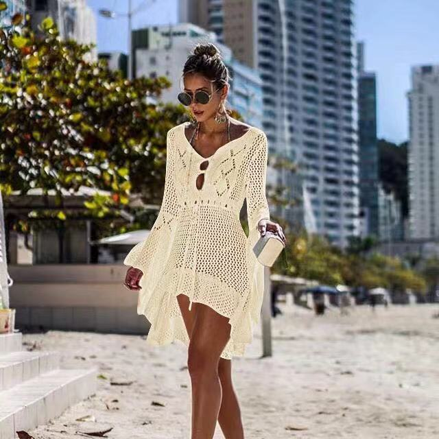 Traje de baño de bikini de vacaciones para cubrir la playa calado de punto camisa de protección solar para mujer ropa de protección solar_voghion.com