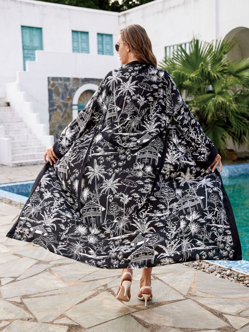 Copricostume da spiaggia in cotone con stampa tropicale – Kimono a maniche lunghe con protezione solare, copricostume bikini, abbigliamento da resort, leggero (taglia unica, stampa nera/bianca/palma)_voghion.com