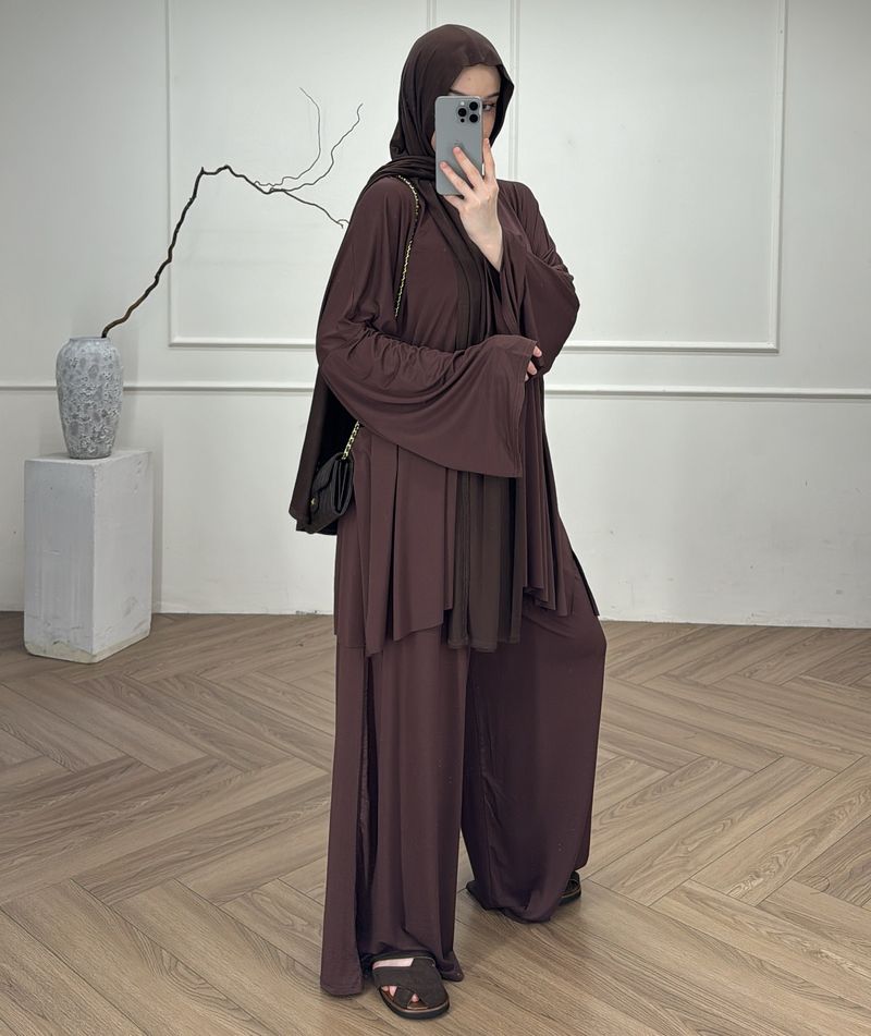 New Arrival Modest Muslim Women's Outfit - Loose Fit Long Sleeve Top & Pants Set, Breathable Modal Fabric, Elegant Solid Color_voghion.com