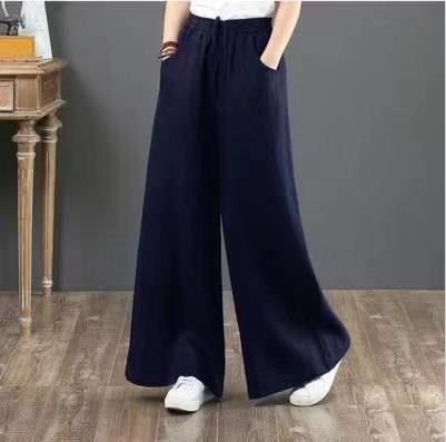 2023 Spring Summer Korean Cotton Loose Plus Size Wide Leg High Waist Floor-Length Straight Linen Women's Pants_voghion.com