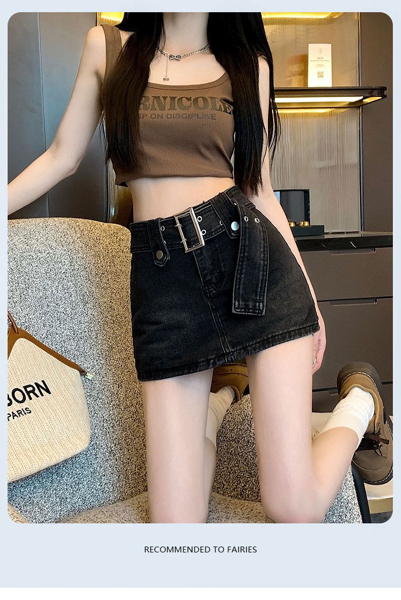 Black denim women's half length pants skirt, Instagram trendy new niche anti glare high waisted versatile A-line wrapped_voghion.com