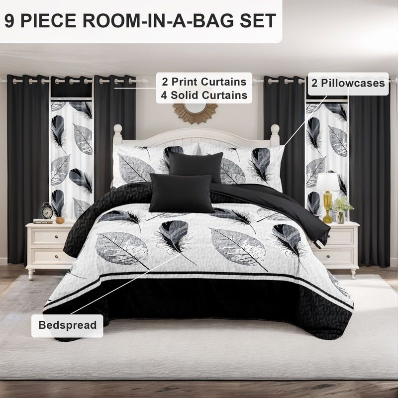 9 Piece Soft All-Season Washed Microfiber Cover Set , Queen/King/Calking Bedding Set With Pillowcases,Bedspread Print Curtains & Solid Curtains,Print, Moisture-Wicking, Soft ,Cooling, Easy Care_voghion.com