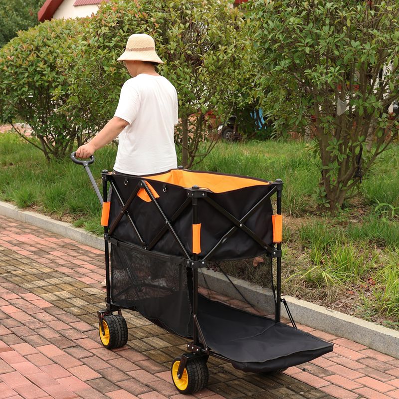 Big Large Capacity Folding Cart Extra Long Extender Wagon Cart Folding Wagon Garden Shopping Beach Cart (black +orange)_voghion.com