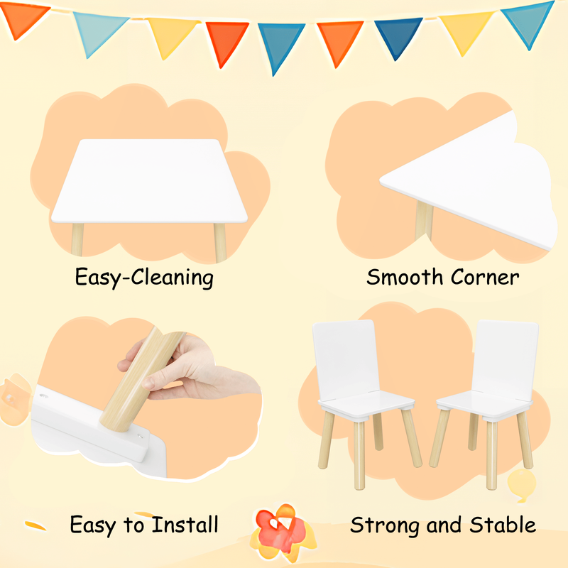 Kids Table And 2 Chairs Set, 3 Pieces Toddler Table And Chair Set, Wooden Activity Play Table Set (White)_voghion.com